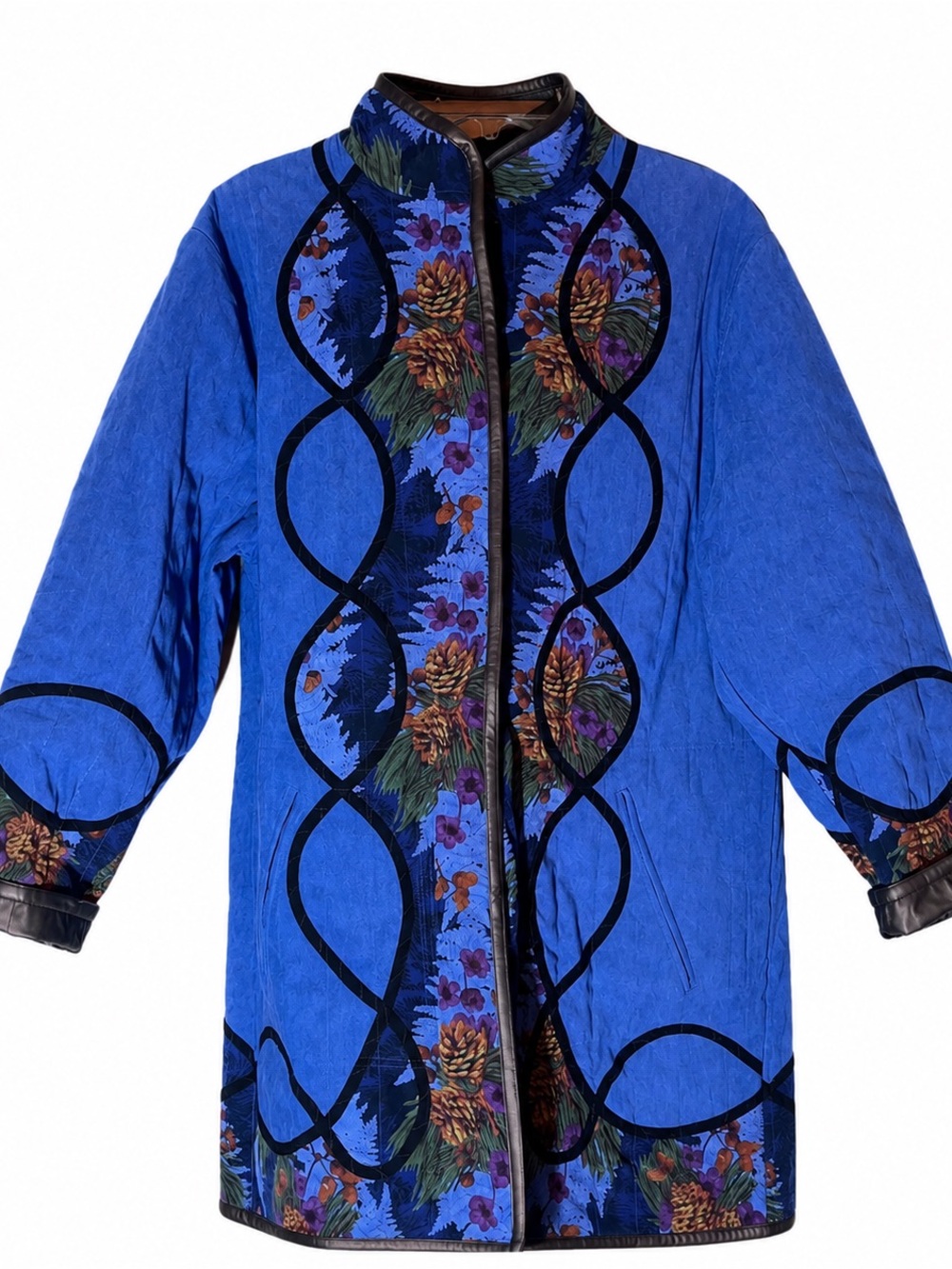 Koos Of Course Reversible Patchwork Coat Medium Blue‎ Black Faux Leather QVC NEW